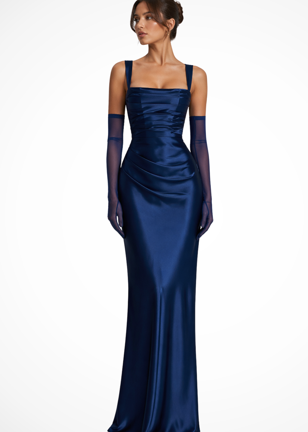 Vivienne | Women's Square Neck Ruched Satin Maxi Wedding Guest Dress