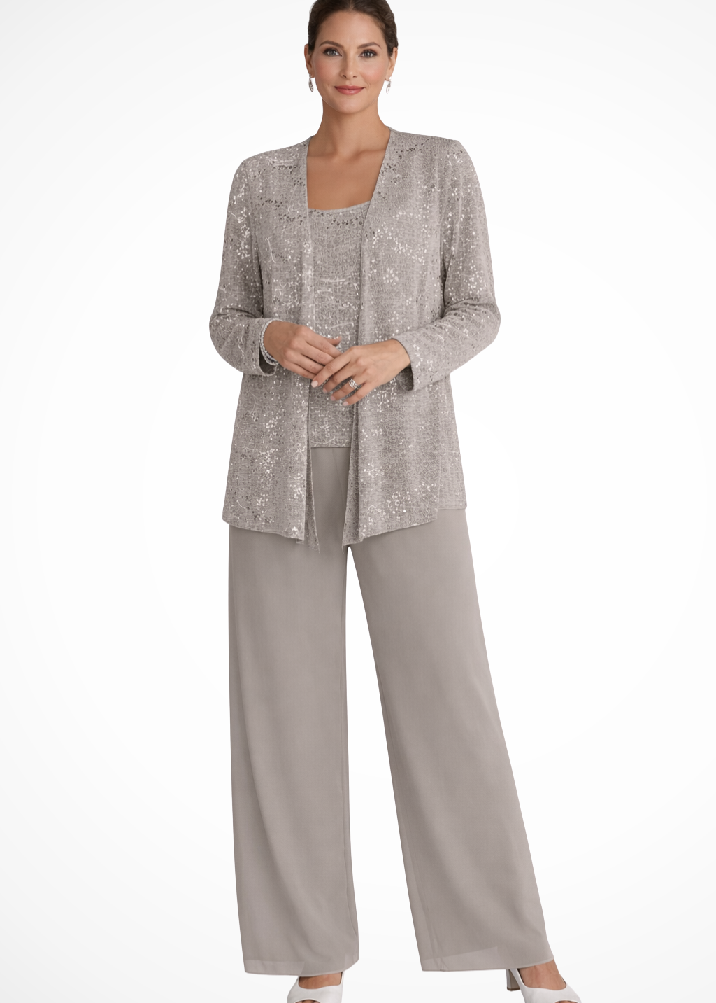 Miriam | Women's Sequin Lace Jacket Three Piece Wide Leg Wedding Guest Trouser Suit