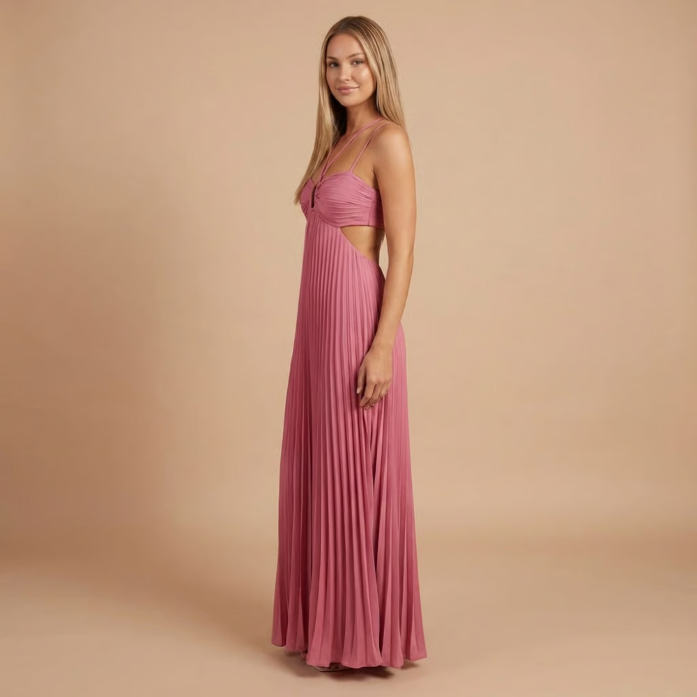 Claire | Women's Wedding Guest Pleated Halter Maxi Dress