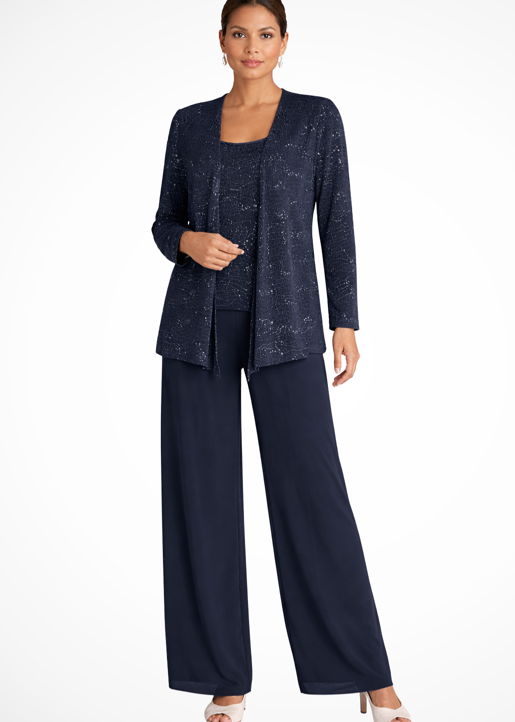 Miriam | Women's Sequin Lace Jacket Three Piece Wide Leg Wedding Guest Trouser Suit