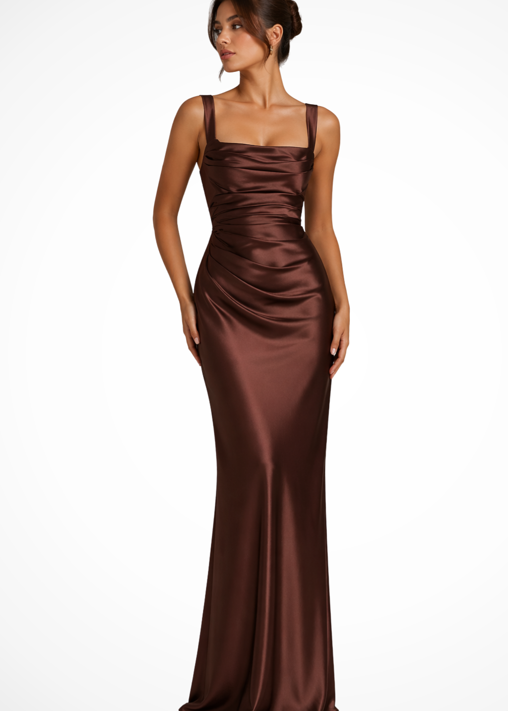 Vivienne | Women's Square Neck Ruched Satin Maxi Wedding Guest Dress