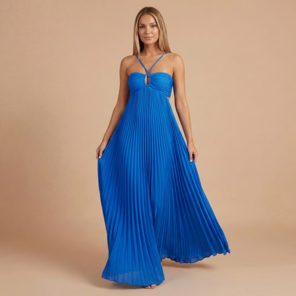 Claire | Women's Wedding Guest Pleated Halter Maxi Dress