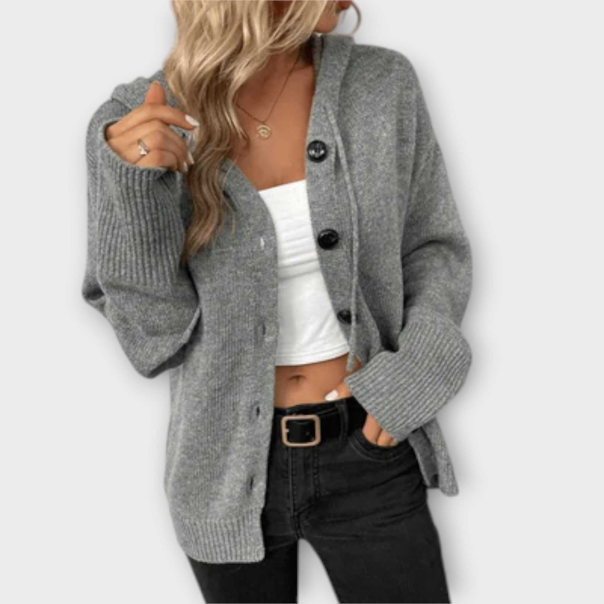 Veronika | Stylish Knitted Cardigan with Hood and Buttons