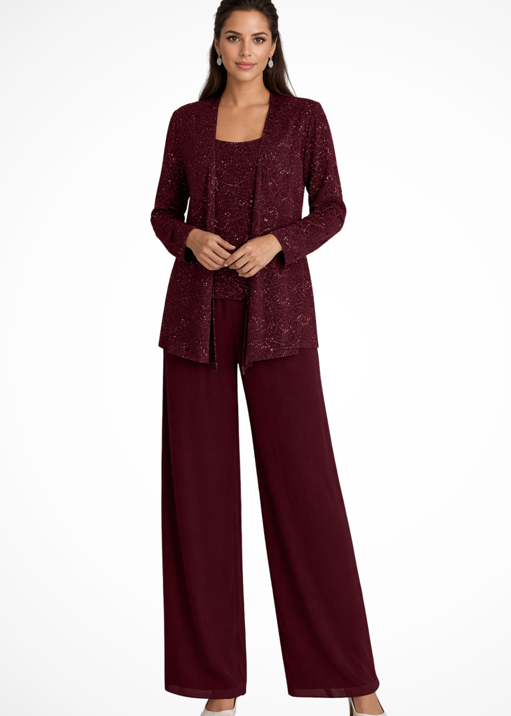 Miriam | Women's Sequin Lace Jacket Three Piece Wide Leg Wedding Guest Trouser Suit