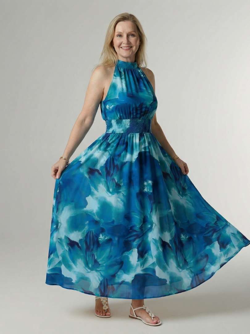 Lucy | Midi Halter Dress with Gathered Waist