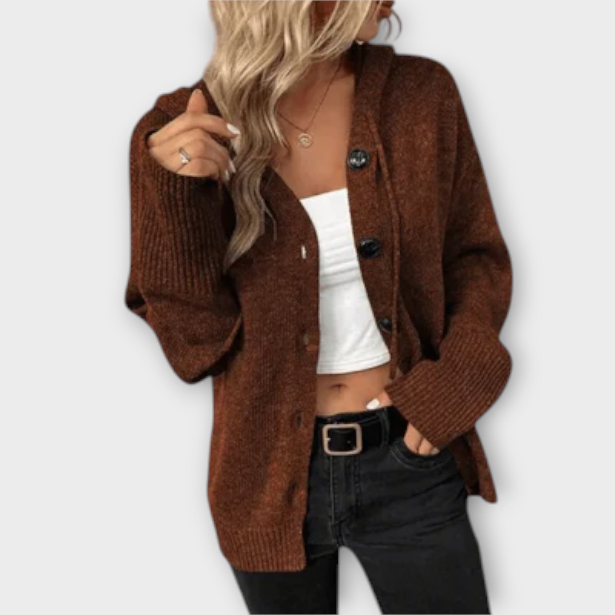 Veronika | Stylish Knitted Cardigan with Hood and Buttons