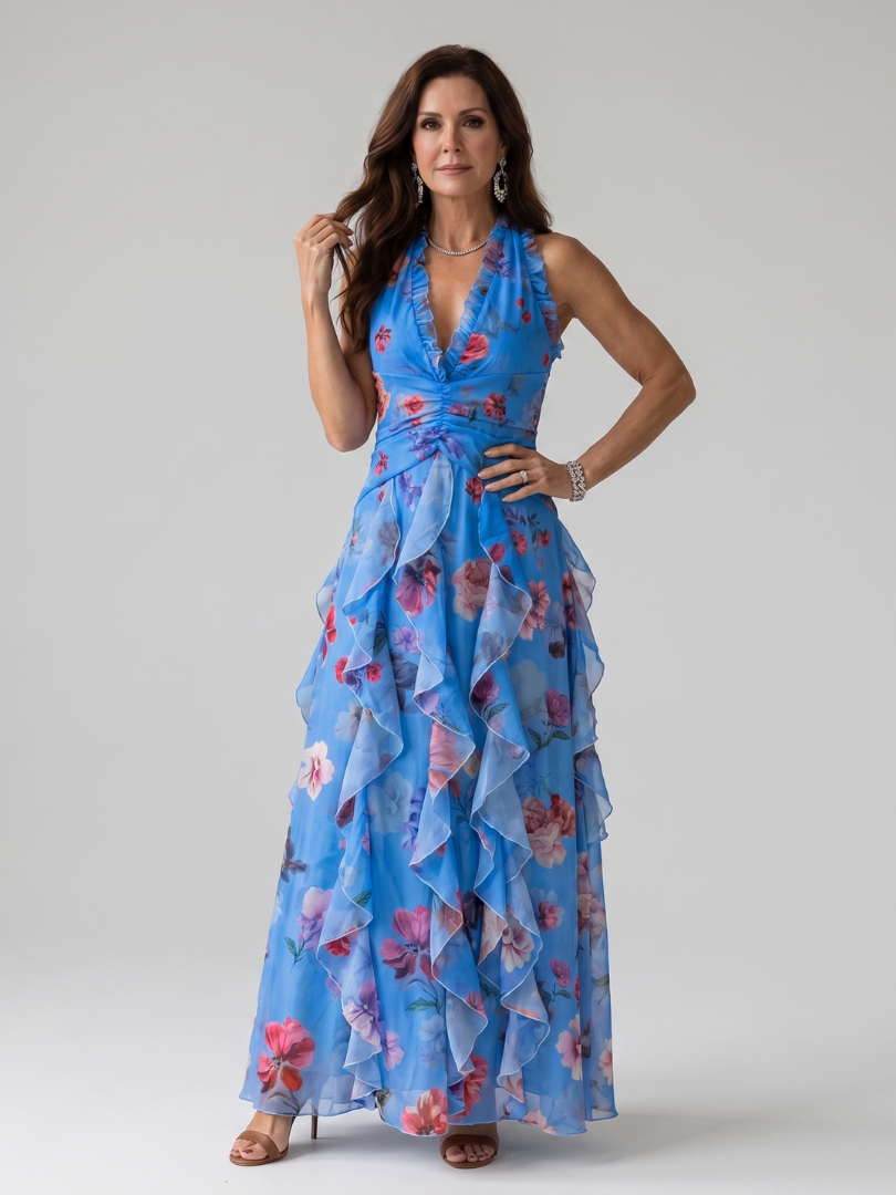 Penelope | Halter Neck Ruffled Bodice Floral Maxi Dress