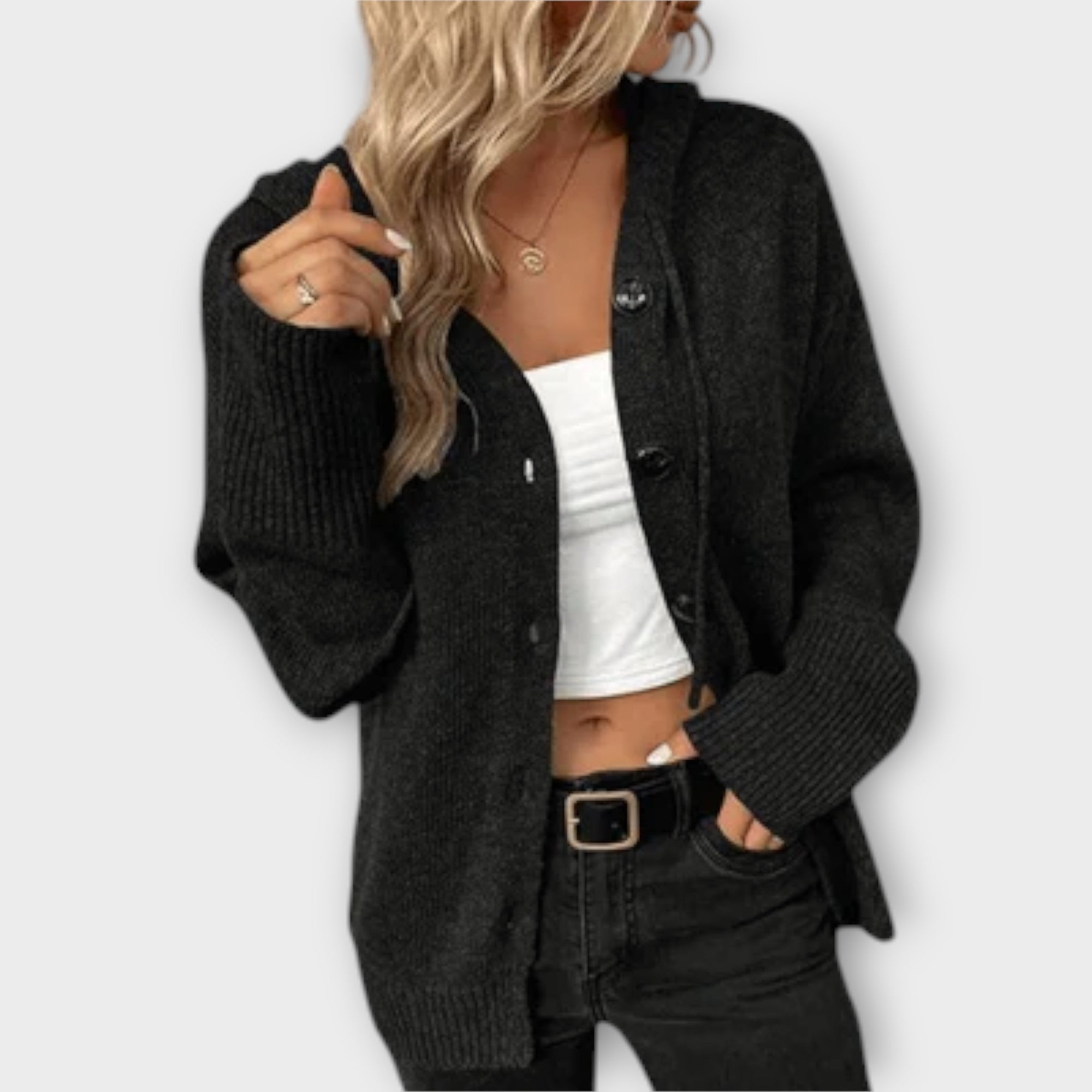 Veronika | Stylish Knitted Cardigan with Hood and Buttons
