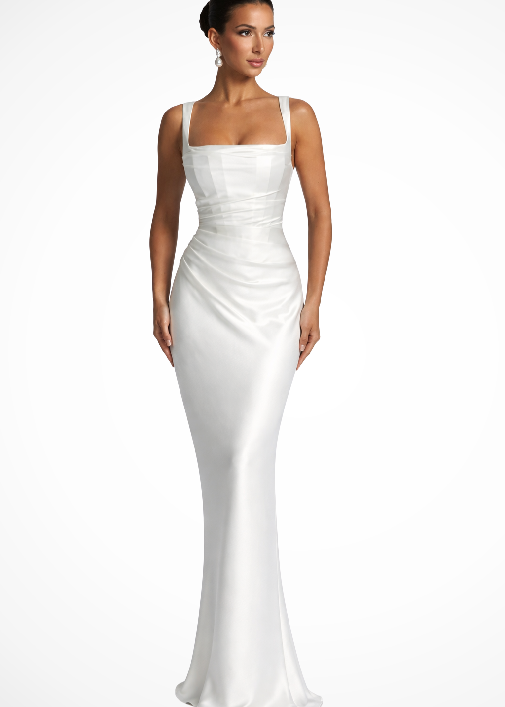 Vivienne | Women's Square Neck Ruched Satin Maxi Wedding Guest Dress