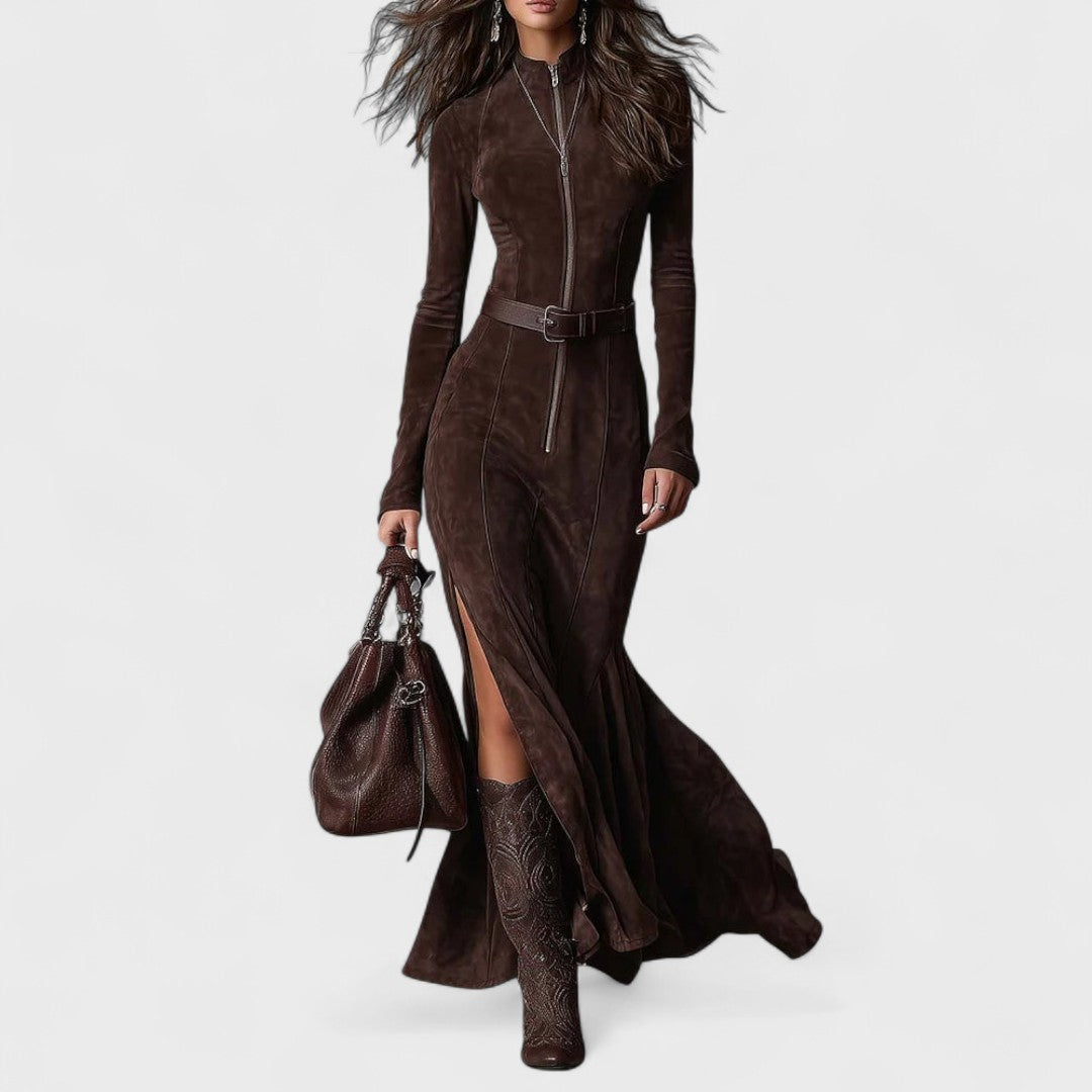 Kateřina | Brown Duga Dress with Belt and Front Zip