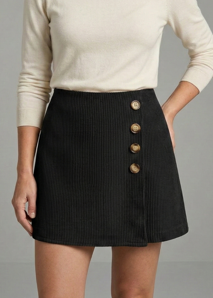 Women’s A-Line Skirt with Side Buttons and Ribbed Surface