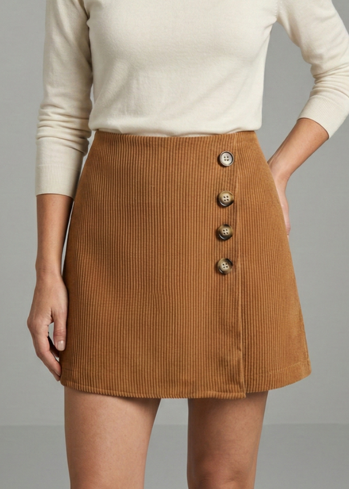 Women’s A-Line Skirt with Side Buttons and Ribbed Surface