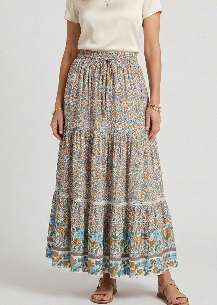 Women’s Maxi Skirt with Elastic Waist and Floral Print