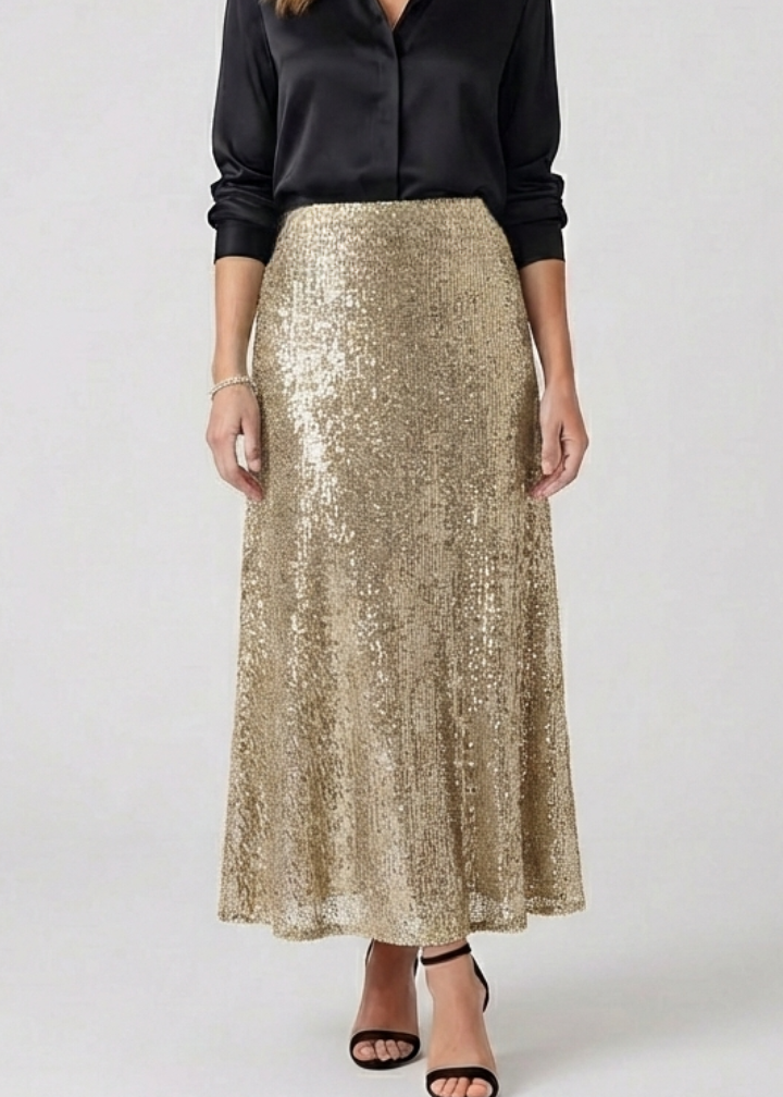 Women’s Maxi Skirt with Elastic Waist and Sequin Surface