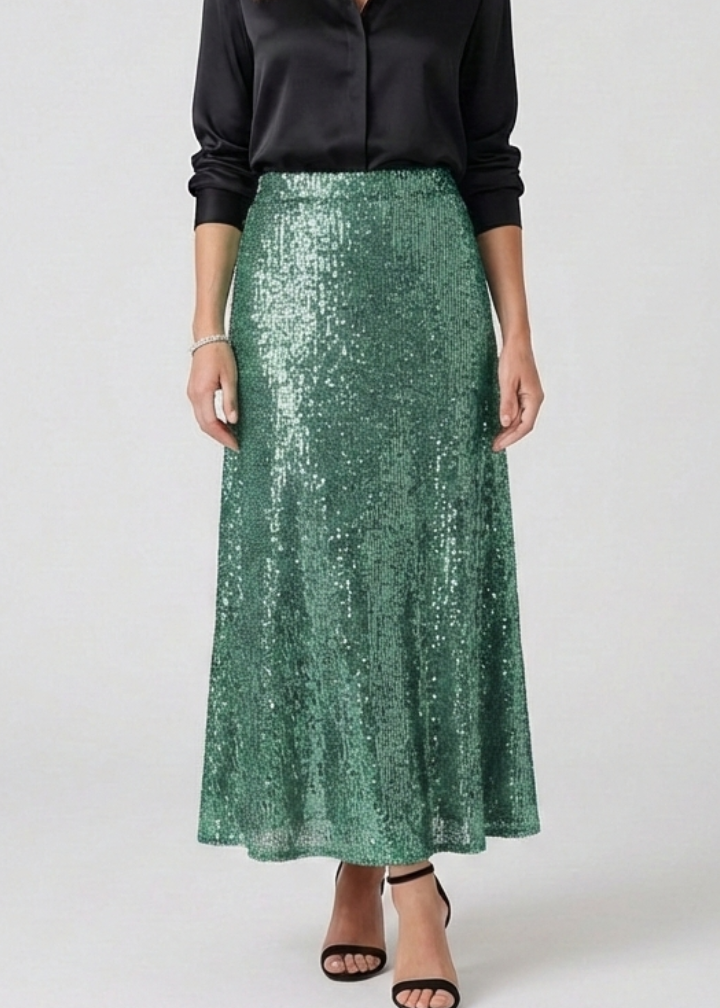 Women’s Maxi Skirt with Elastic Waist and Sequin Surface