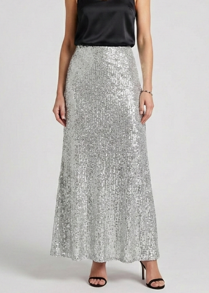 Women’s Maxi Skirt with Elastic Waist and Sequin Surface