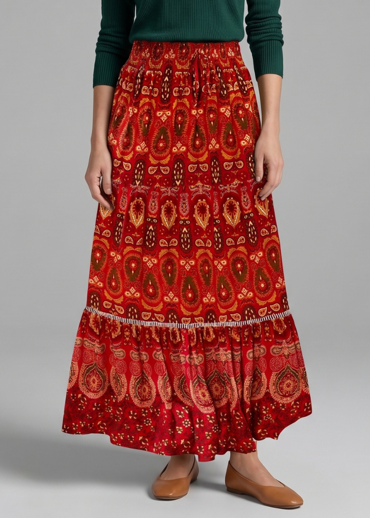 Women’s Maxi Skirt with Elastic Waist and Tiered Panels