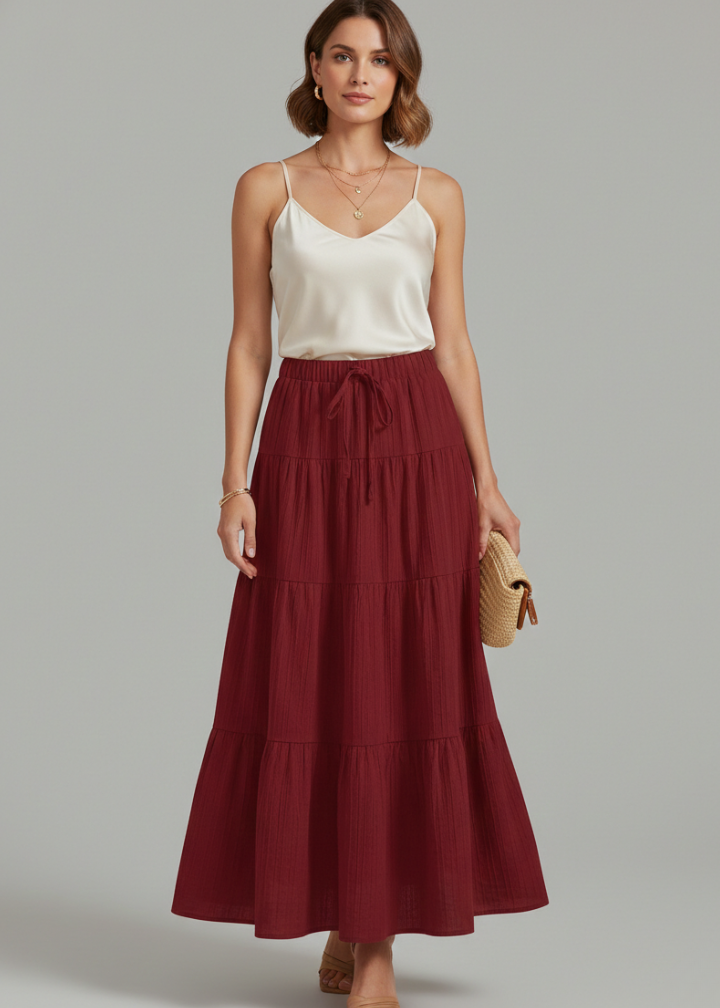 Women’s Maxi Skirt with Elastic Waist and Tiered Panels