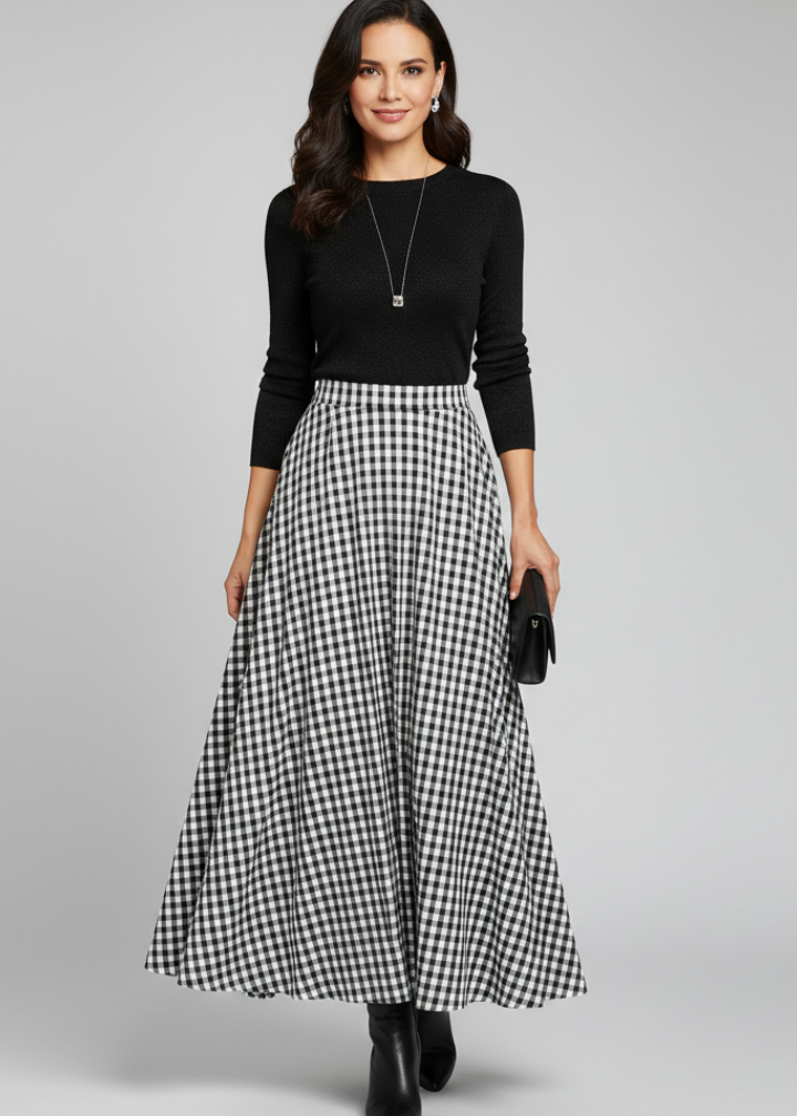 Women’s Maxi Skirt with High Waist and Check Pattern