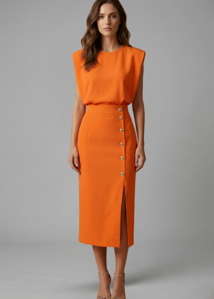 Poppy | Women’s Midi Dress with Round Neck and Button Slit
