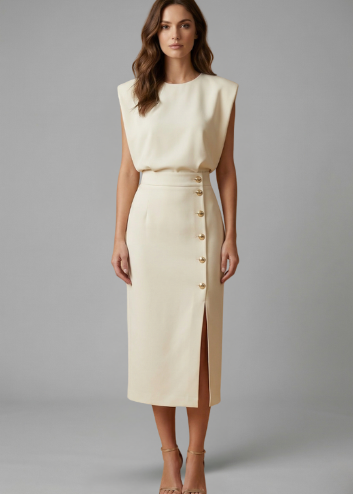 Poppy | Women’s Midi Dress with Round Neck and Button Slit