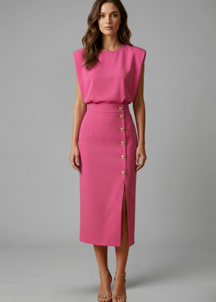 Poppy | Women’s Midi Dress with Round Neck and Button Slit