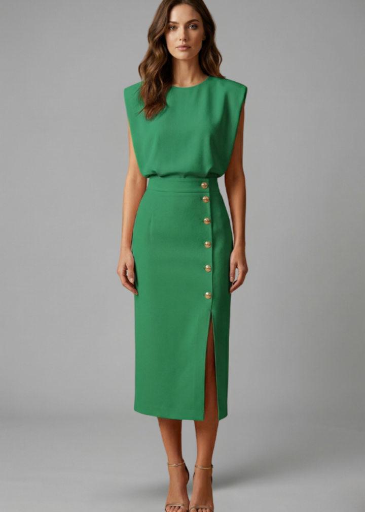 Poppy | Women’s Midi Dress with Round Neck and Button Slit