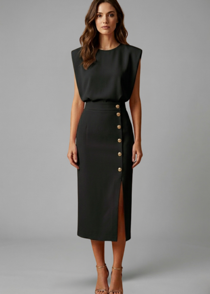 Poppy | Women’s Midi Dress with Round Neck and Button Slit