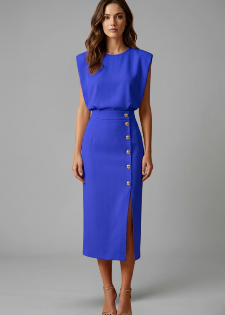 Poppy | Women’s Midi Dress with Round Neck and Button Slit