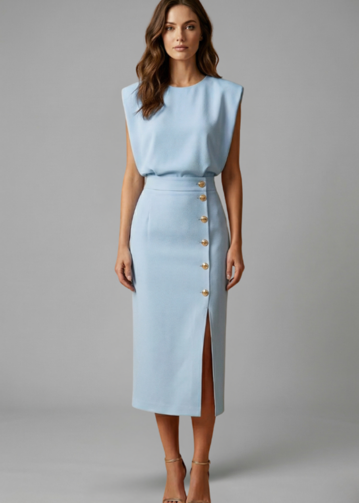 Poppy | Women’s Midi Dress with Round Neck and Button Slit