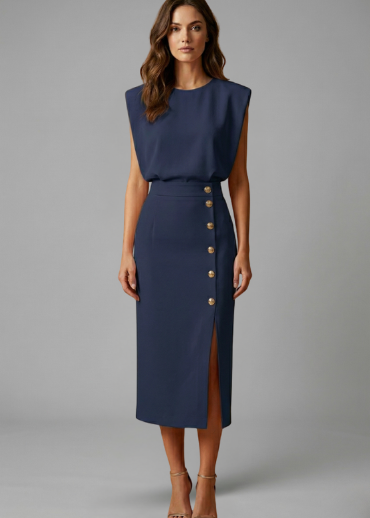Poppy | Women’s Midi Dress with Round Neck and Button Slit