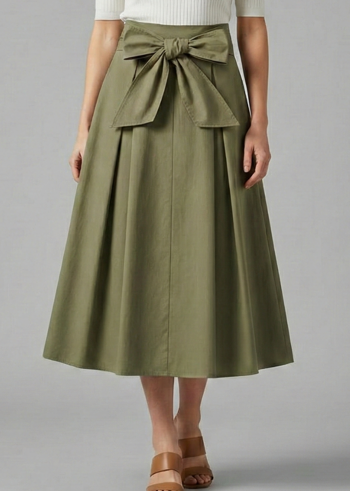 Women’s Midi Skirt with High Waist and Bow Detail