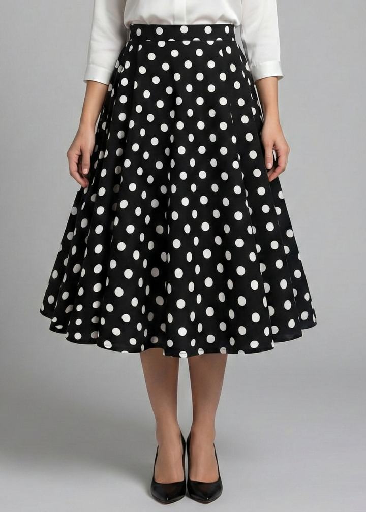 Women’s Midi Skirt with High Waist and Polka Dot Print