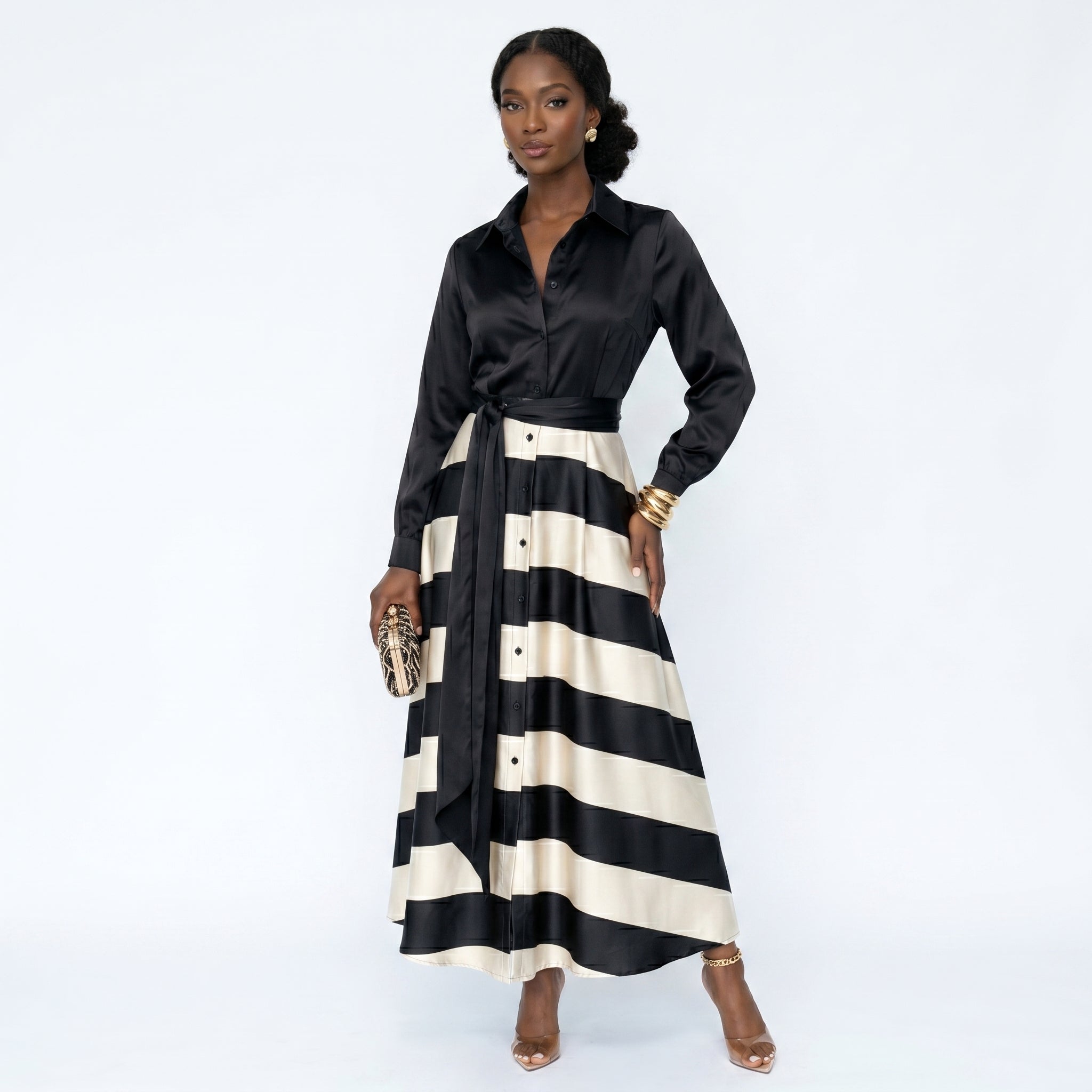 Kate | Elegant Striped Satin Dress