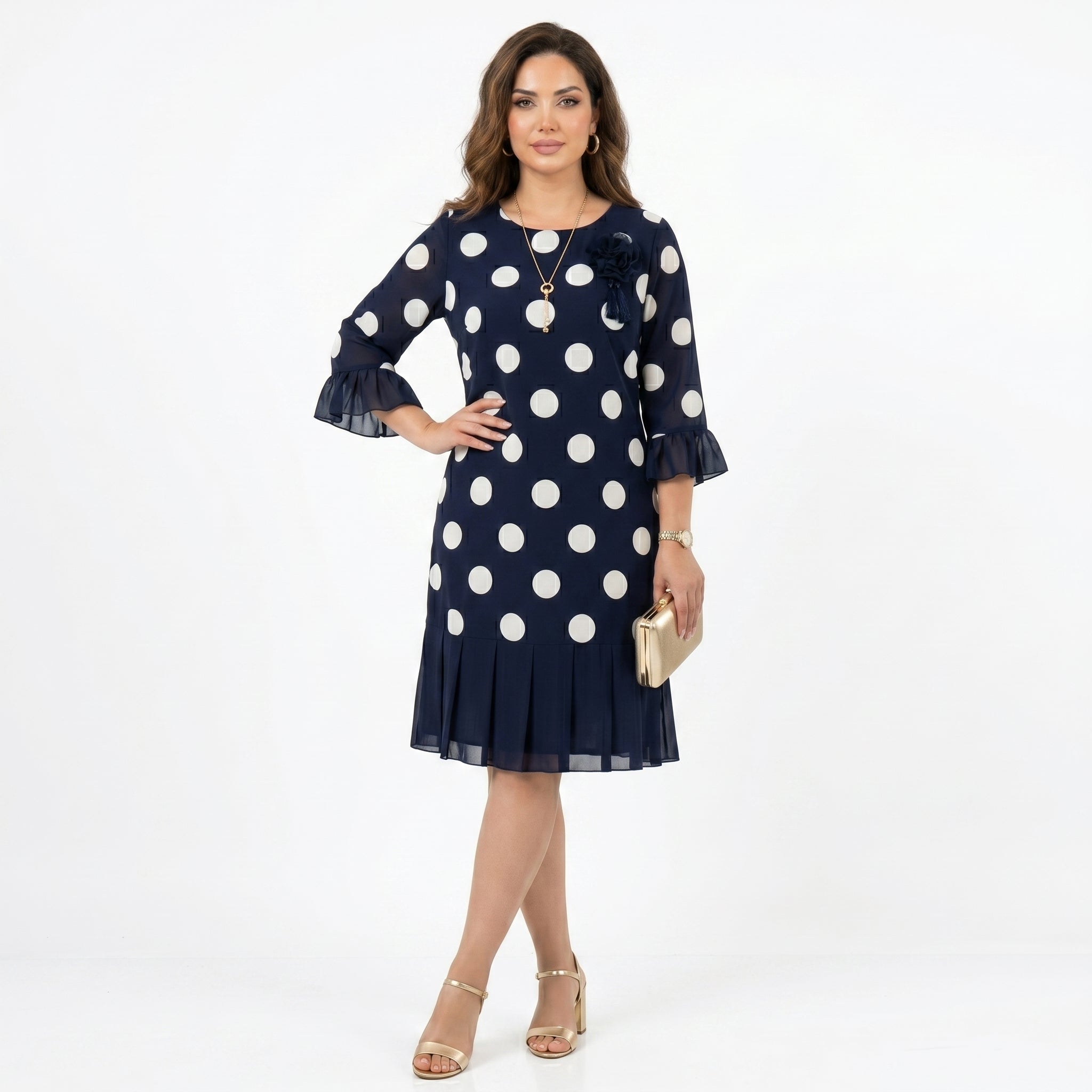 Clara | Navy Blue Polka Dot Dress with Ruffle Detail